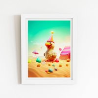 Warren Reed - Designer Funky Chicken On A Beach Holiday Framed Art Print in White | Size: W20" x H30"