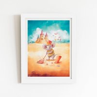 Warren Reed - Designer Mouse On A Beach Holiday Framed Art Print in White | Size: W20" x H30"