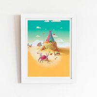 Warren Reed - Designer Crab On A Beach Holiday Framed Art Print in White | Size: W8" x H10"
