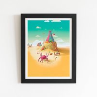 Warren Reed - Designer Crab On A Beach Holiday Framed Art Print in Black | Size: W12" x H16"