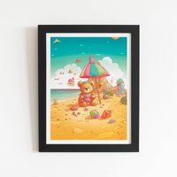 Warren Reed - Designer Teddy Bead On A Beach Holiday Framed Art Print in Black | Size: W8" x H10"