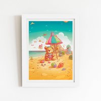 Warren Reed - Designer Teddy Bead On A Beach Holiday Framed Art Print in White | Size: W12" x H16"