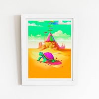 Warren Reed - Designer Turtle On A Beach Holiday Framed Art Print in White | Size: W8" x H10"