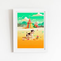 Warren Reed - Designer Doggy On A Beach Holiday Framed Art Print in White | Size: W8" x H10"