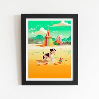 Warren Reed - Designer Doggy On A Beach Holiday Framed Art Print in Black | Size: W16" x H24"