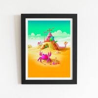 Warren Reed - Designer Pink Crab On A Beach Holiday Framed Art Print in Black | Size: W16" x H24"