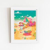 Warren Reed - Designer Kitten On A Beach Holiday Framed Art Print in White | Size: W24" x H36"
