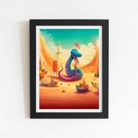 Warren Reed - Designer Snake On A Beach Holiday Framed Art Print in Black | Size: W8" x H10"