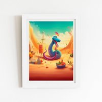 Warren Reed - Designer Snake On A Beach Holiday Framed Art Print in White | Size: W12" x H16"