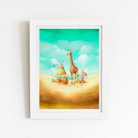 Warren Reed - Designer Giraffe On A Beach Holiday Framed Art Print in White | Size: W8" x H10"