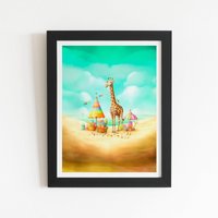 Warren Reed - Designer Giraffe On A Beach Holiday Framed Art Print in Black | Size: W20" x H30"