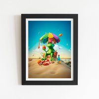 Warren Reed - Designer Frog On A Beach Holiday Framed Art Print in Black | Size: W8" x H10"