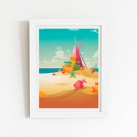 Warren Reed - Designer Fish On A Beach Holiday Framed Art Print in White | Size: W16" x H24"