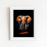 Warren Reed - Designer Splashart Elephant Blue Framed Art Print in White | Size: W12" x H16"