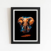 Warren Reed - Designer Splashart Elephant Blue Framed Art Print in Black | Size: W24" x H36"