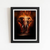 Warren Reed - Designer Splashart Elephant & fire Framed Art Print in Black | Size: W20" x H30"