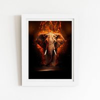 Warren Reed - Designer Splashart Elephant & fire Framed Art Print in White | Size: W20" x H30"
