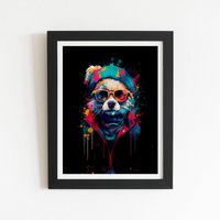 Warren Reed - Designer Multi Coloured Splashart Dog With Glasses Framed Art Print in Black | Size: W8" x H10"