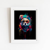 Warren Reed - Designer Multi Coloured Splashart Dog With Glasses Framed Art Print in White | Size: W20" x H30"