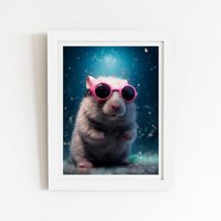 Warren Reed - Designer Splashart DoorMouse with Pink Glasses Framed Art Print in White | Size: W8" x H10"