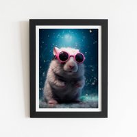 Warren Reed - Designer Splashart DoorMouse with Pink Glasses Framed Art Print in Black | Size: W20" x H30"