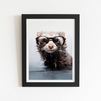 Warren Reed - Designer Splashart Ferret With Glasses Framed Art Print in Black | Size: W8" x H10"