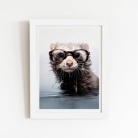 Warren Reed - Designer Splashart Ferret With Glasses Framed Art Print in White | Size: W16" x H24"