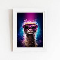 Warren Reed - Designer Splashart Ferret With Glasses Purple Framed Art Print in White | Size: W8" x H10"