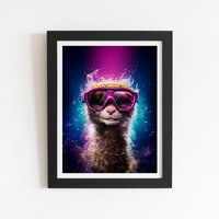 Warren Reed - Designer Splashart Ferret With Glasses Purple Framed Art Print in Black | Size: W20" x H30"