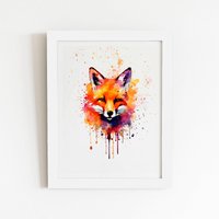 Warren Reed - Designer Watercolour Splashart Fox Face Framed Art Print in White | Size: W16" x H24"