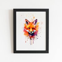 Warren Reed - Designer Watercolour Splashart Fox Face Framed Art Print in Black | Size: W20" x H30"
