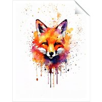Warren Reed - Designer Watercolour Splashart Fox Face Unframed Art Print | Size: W24" x H36"