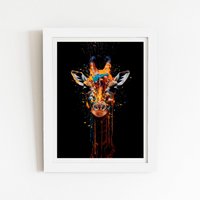 Warren Reed - Designer Giraffe Face Splashart Framed Art Print in White | Size: W8" x H10"