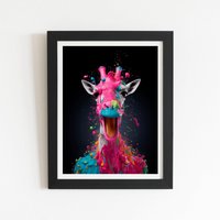 Warren Reed - Designer Splashart Giraffe Face Pink Framed Art Print in Black | Size: W24" x H36"