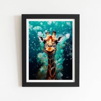 Warren Reed - Designer Splashart Giraffe Face Framed Art Print in Black | Size: W8" x H10"