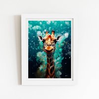 Warren Reed - Designer Splashart Giraffe Face Framed Art Print in White | Size: W16" x H24"