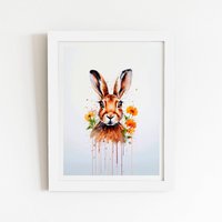 Warren Reed - Designer Watercolour Hare & Daisies Framed Art Print in White | Size: W20" x H30"