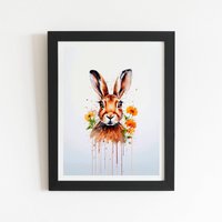 Warren Reed - Designer Watercolour Hare & Daisies Framed Art Print in Black | Size: W24" x H36"