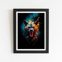 Warren Reed - Designer Splashart Angry Hyena Face Framed Art Print in Black | Size: W8" x H10"