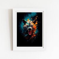 Warren Reed - Designer Splashart Angry Hyena Face Framed Art Print in White | Size: W12" x H16"
