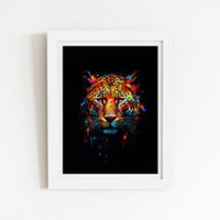 Warren Reed - Designer Splashart Leopard Face Framed Art Print in White | Size: W12" x H16"