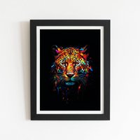 Warren Reed - Designer Splashart Leopard Face Framed Art Print in Black | Size: W24" x H36"