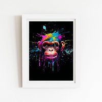 Warren Reed - Designer Multi Coloured Monkey Face Splashart Framed Art Print in White | Size: W20" x H30"