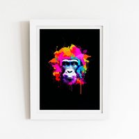 Warren Reed - Designer Multi Coloured Monkey Face Framed Art Print in White | Size: W8" x H10"