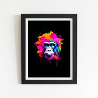 Warren Reed - Designer Multi Coloured Monkey Face Framed Art Print in Black | Size: W16" x H24"