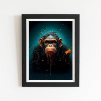 Warren Reed - Designer Monkey Face Splashart Blue Framed Art Print in Black | Size: W16" x H24"