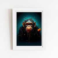 Warren Reed - Designer Monkey Face Splashart Blue Framed Art Print in White | Size: W16" x H24"