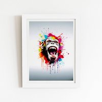 Warren Reed - Designer Coloured Splashart Crazy Monkey Face Framed Art Print in White | Size: W8" x H10"