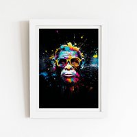 Warren Reed - Designer Coloured Splashart Monkey Face with Glasses Framed Art Print in White | Size: W24" x H36"
