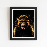 Warren Reed - Designer Splashart Monkey Face With Yellow Glasses Framed Art Print in Black | Size: W24" x H36"